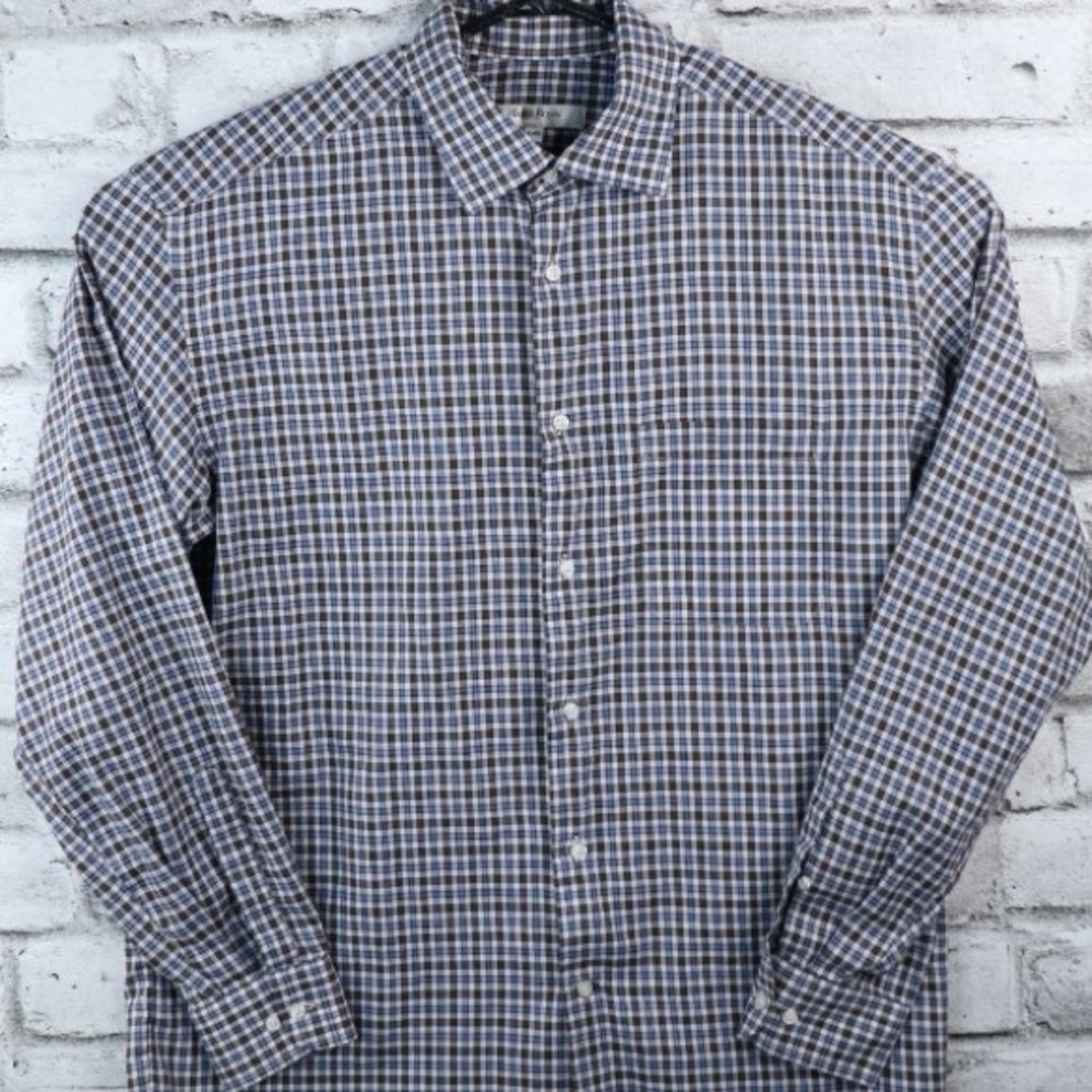 Harry Rosen Made in Italy Men's Button Up Blue and Brown Checkered Shirt XL